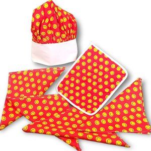 Child Size Smiley Face Chef Set Hat Napkins Matching Pot Holder
